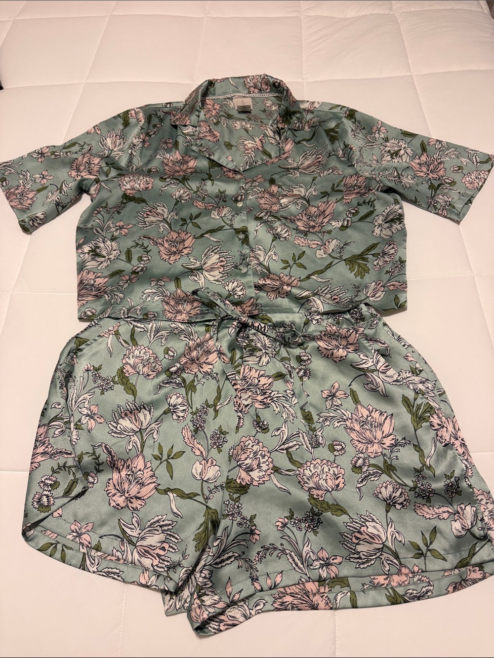 Joie Mint Green (Satin feel) Floral Short Pajama Set with Pink Blooms